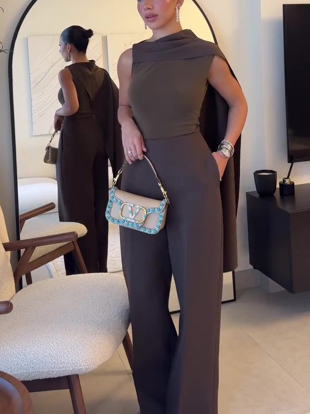 Brown Sleeveless Scarf Top& High Waist Pants Suit