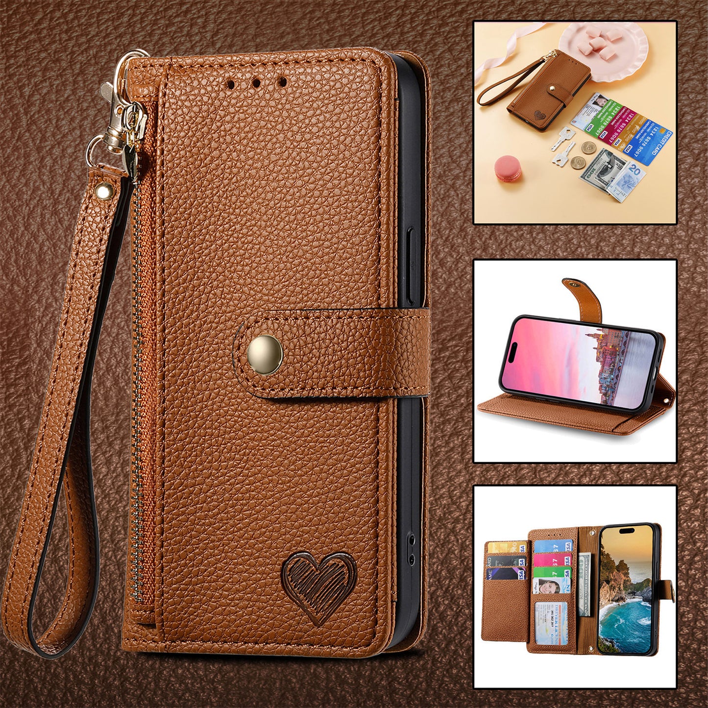 Love Sleeve PU Litchi Pattern RFID Anti-theft Swiping Lanyard Phone Case