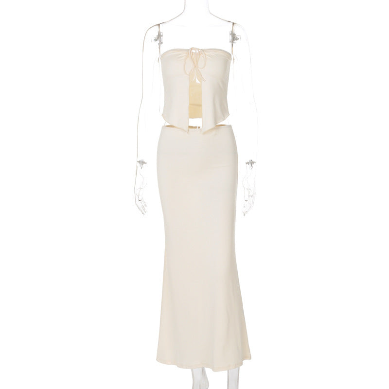 Sexy Patchwork Chest Wrap Midriff-baring Top Slim Skirt Suit