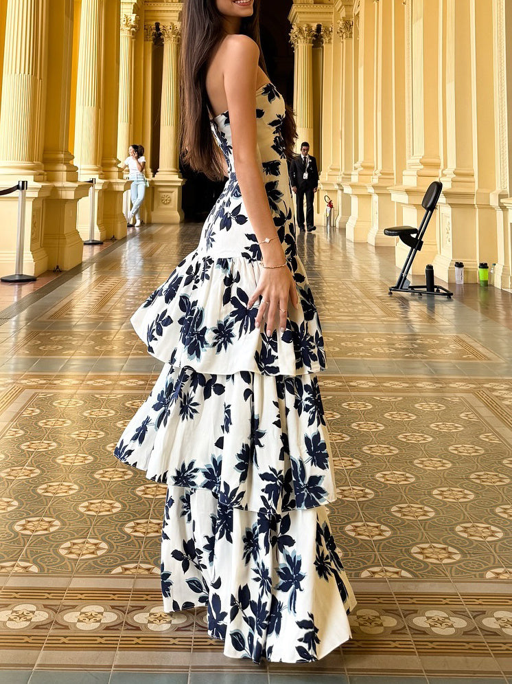 Strapless Printed Ruffle Maxi Dress