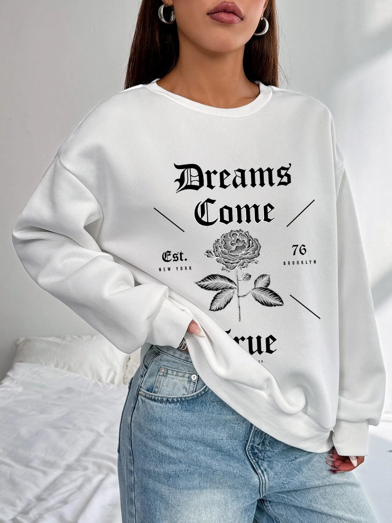 Women Basic Casual Pullover Spring Autumn Long Sleeve Dream Printed Round Neck