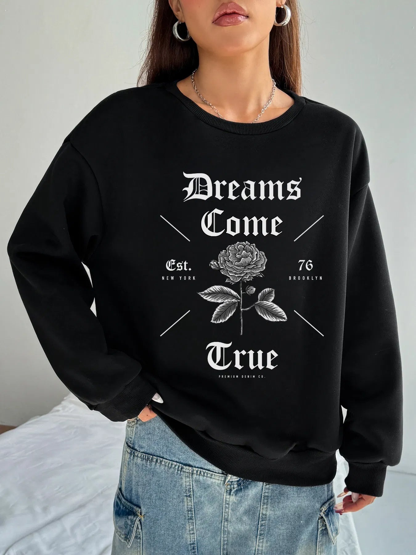 Women Basic Casual Pullover Spring Autumn Long Sleeve Dream Printed Round Neck