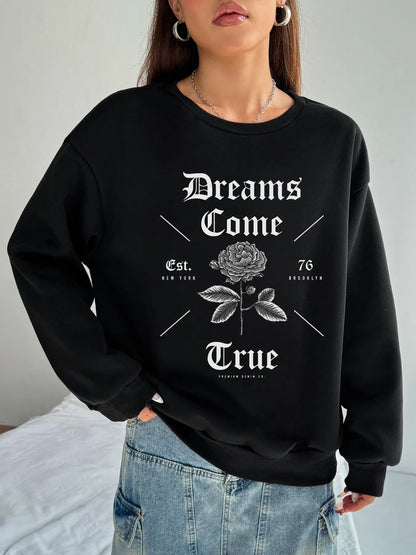 Women Basic Casual Pullover Spring Autumn Long Sleeve Dream Printed Round Neck