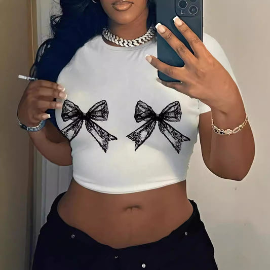 Casual Simple Round Neck Lace Bow Print Short Sleeve