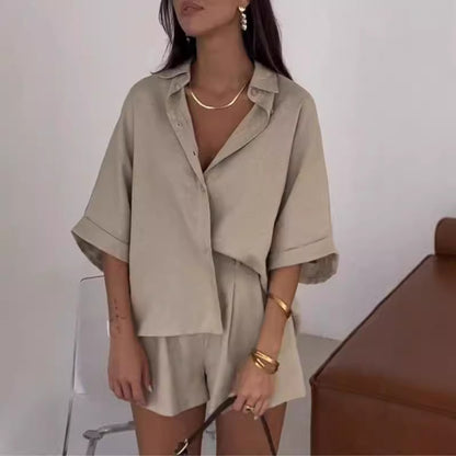 Fashion Polo Collar Half Sleeve Top And Shorts Two-piece Set