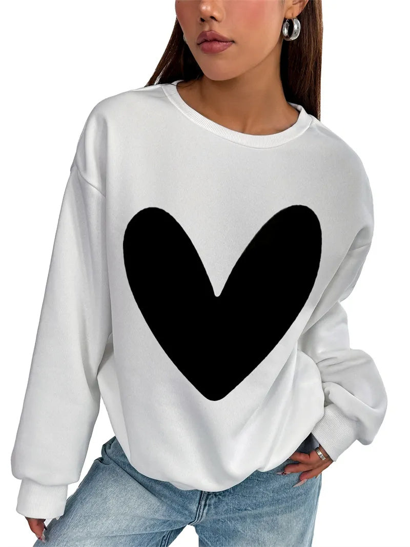 Women Basic Casual Pullover Spring Autumn Long Sleeve Solid Color Heart Printed Round Neck