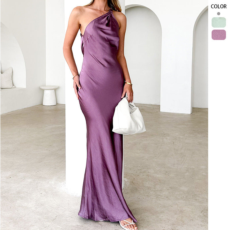 Trendy Sexy Diagonal Collar Sling Fashion Backless Dress