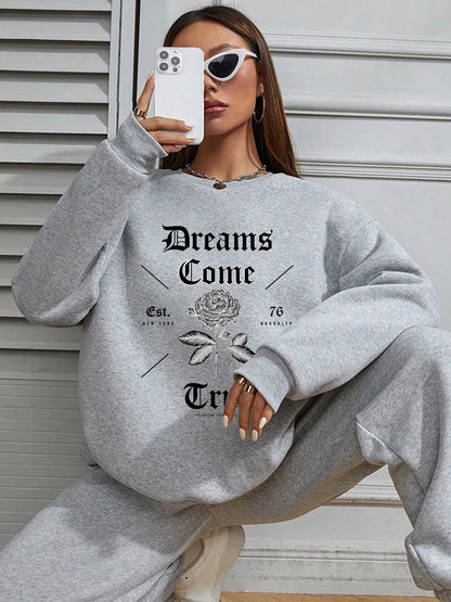 Women Basic Casual Pullover Spring Autumn Long Sleeve Dream Printed Round Neck