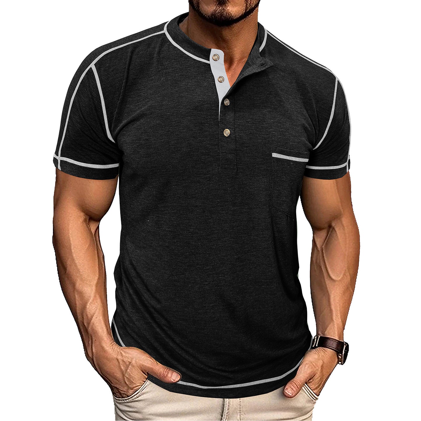 Men's Retro Short Sleeve T-shirt Color-block Crew Neck