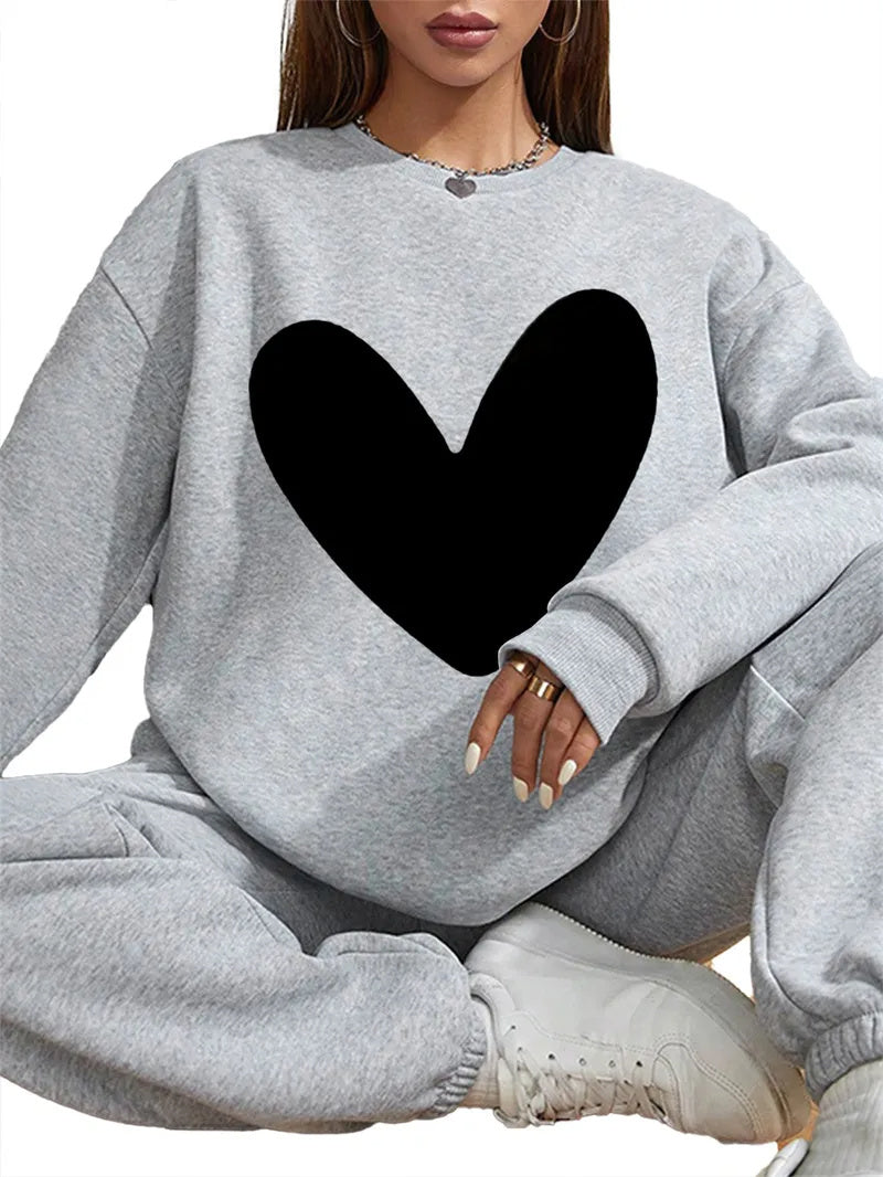 Women Basic Casual Pullover Spring Autumn Long Sleeve Solid Color Heart Printed Round Neck