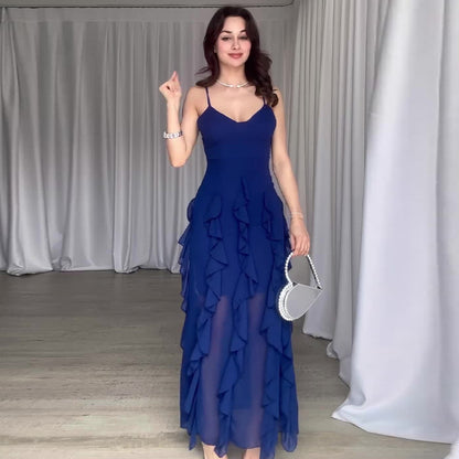 Summer New Pure Desire Style Fashion Ruffles Slim Fit Patchwork Suspender Skirt