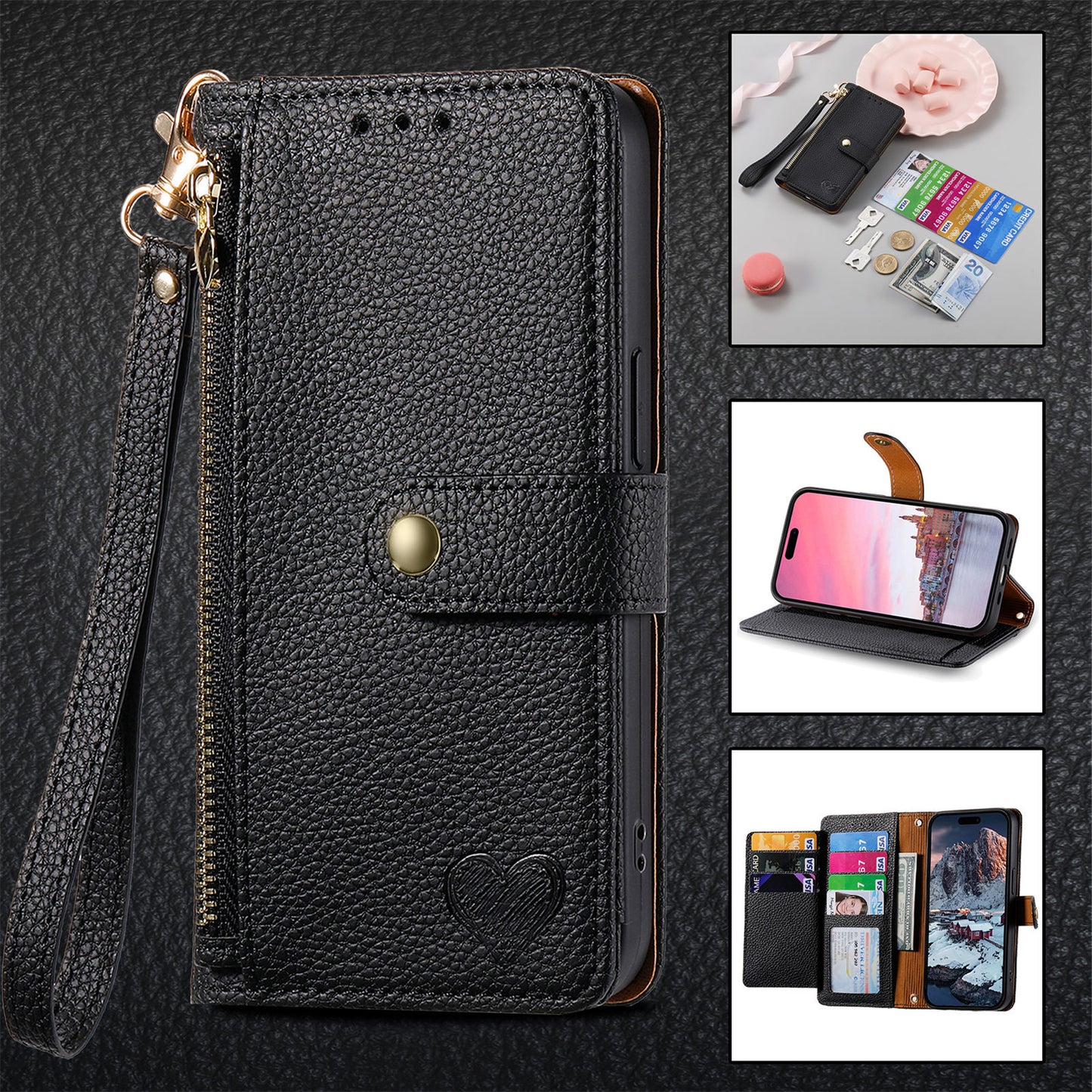 Love Sleeve PU Litchi Pattern RFID Anti-theft Swiping Lanyard Phone Case