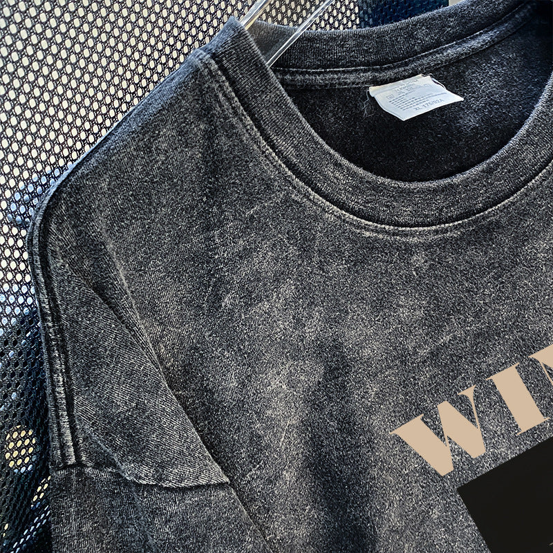 Cotton Washed Distressed T-shirt Round Neck Short Sleeve