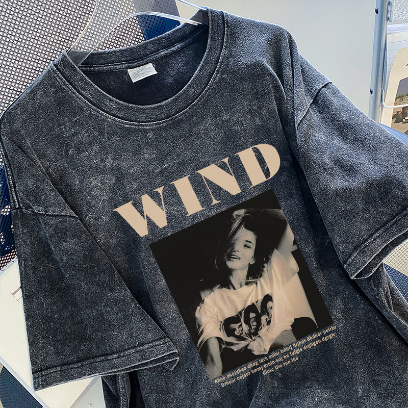 Cotton Washed Distressed T-shirt Round Neck Short Sleeve