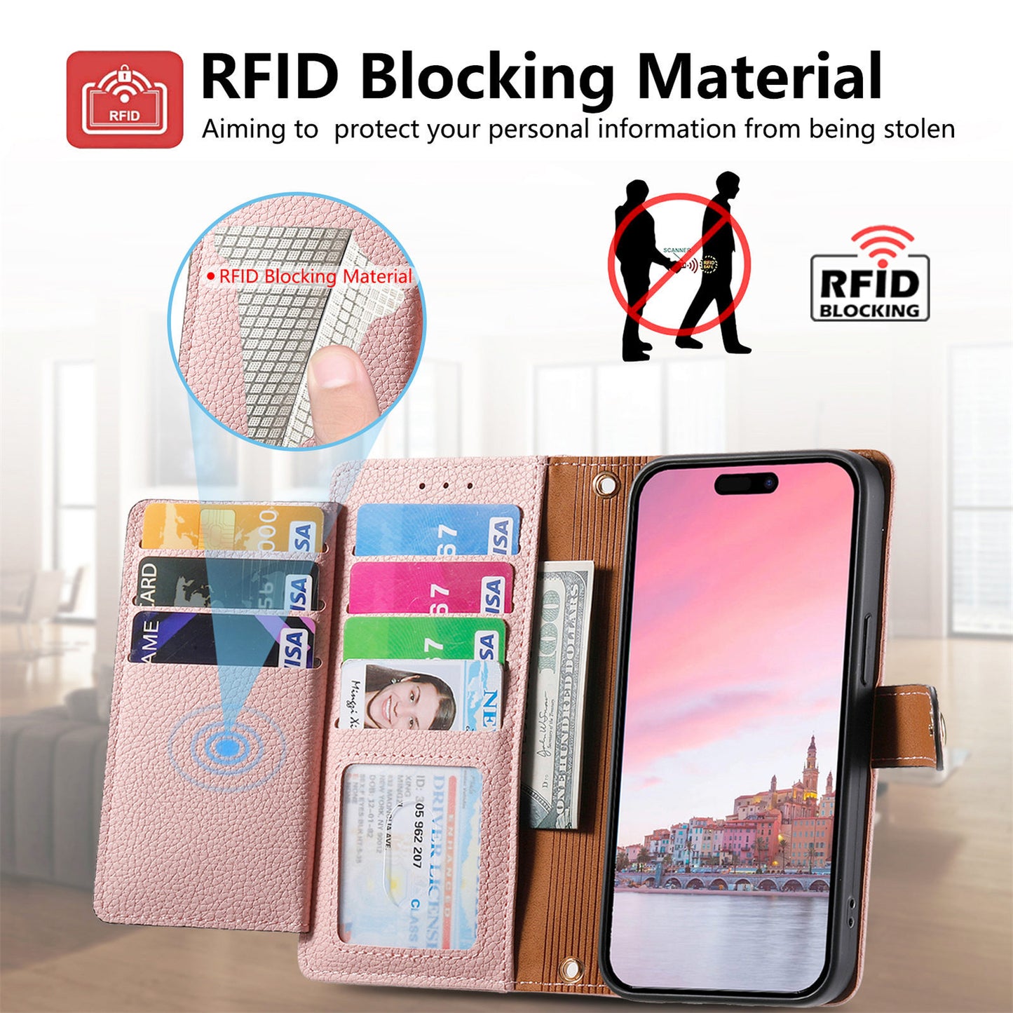 Love Sleeve PU Litchi Pattern RFID Anti-theft Swiping Lanyard Phone Case