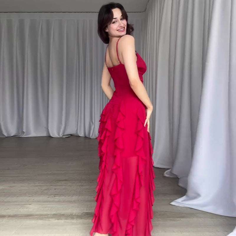 Summer New Pure Desire Style Fashion Ruffles Slim Fit Patchwork Suspender Skirt