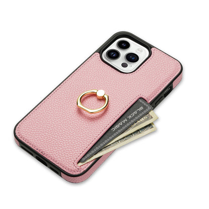 Litchi Pattern Fastened Ring Bracket Card Wallet Anti-fall Shell