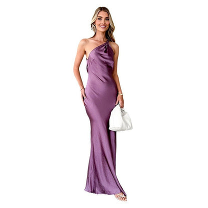 Trendy Sexy Diagonal Collar Sling Fashion Backless Dress