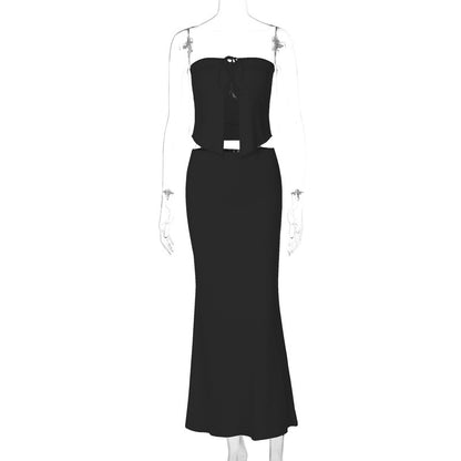 Sexy Patchwork Chest Wrap Midriff-baring Top Slim Skirt Suit
