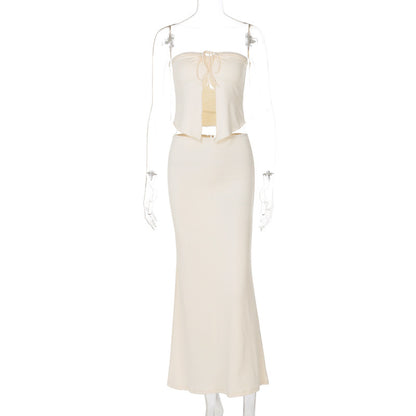 Sexy Patchwork Chest Wrap Midriff-baring Top Slim Skirt Suit