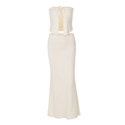 Sexy Patchwork Chest Wrap Midriff-baring Top Slim Skirt Suit