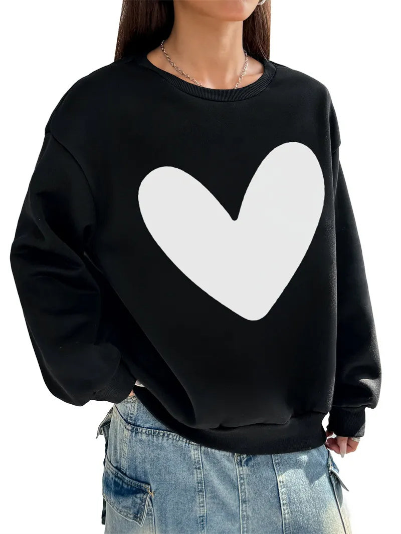 Women Basic Casual Pullover Spring Autumn Long Sleeve Solid Color Heart Printed Round Neck