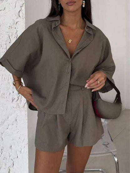 Fashion Polo Collar Half Sleeve Top And Shorts Two-piece Set